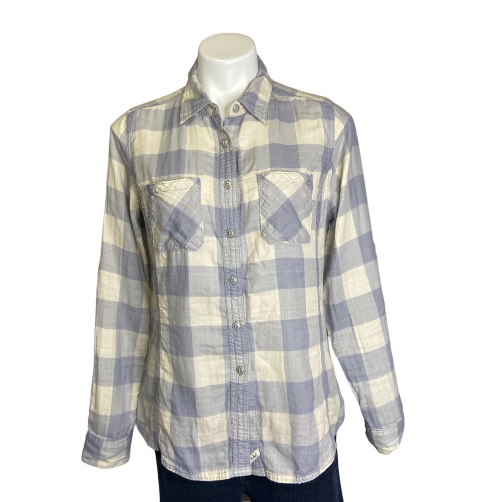 WOOLRICH Plaid Top Button Up Long Sleeve Shirt with Collar Blue Cream Medium